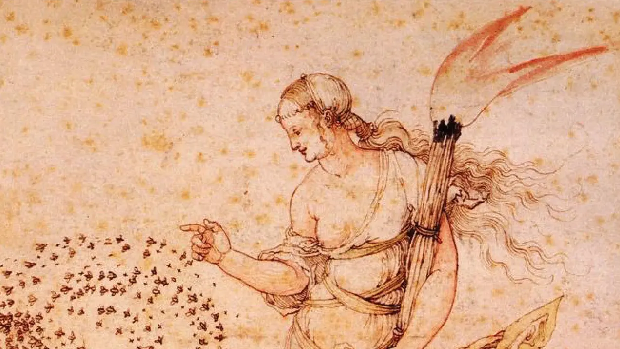 A detail of the 1514 drawing: the barefoot woman in flowing robes, a bundle of torches over her shoulder, pointing towards a swarm of bees