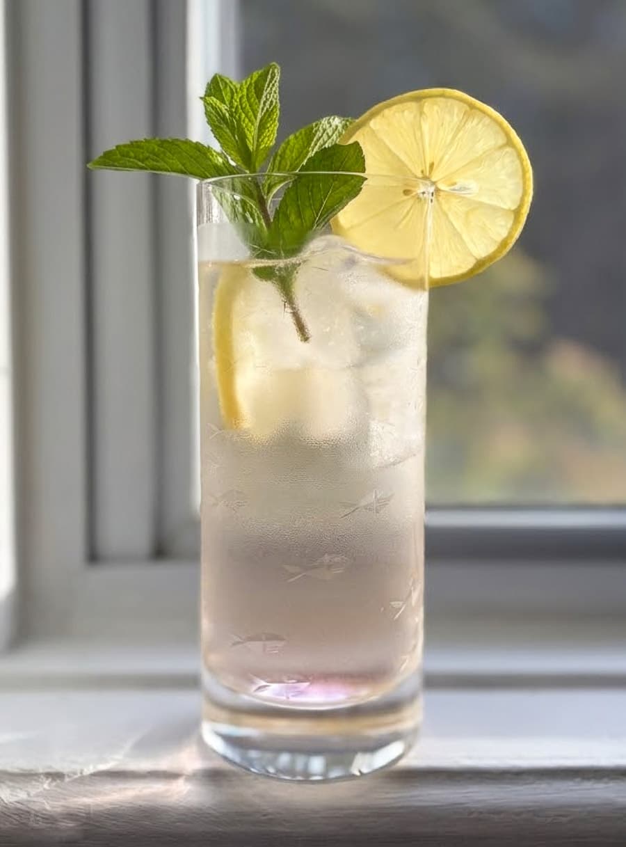 A sparkling rose Shirley Temple in a tall glass with ice, lemon and mint