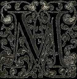 An ornamental woodcut capital M framed by engraved foliage