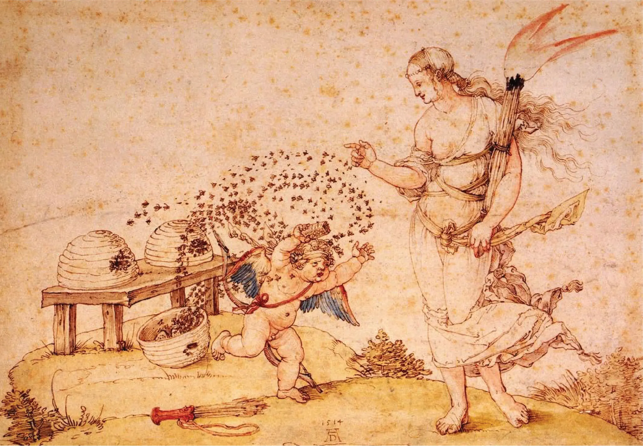 A pen-and-watercolour drawing dated 1514, on aged parchment: a barefoot woman in flowing robes carries a flaming torch over one shoulder and points ahead of her, a winged child runs past below her outstretched arm, and two straw beehives stand on a low bench at the left